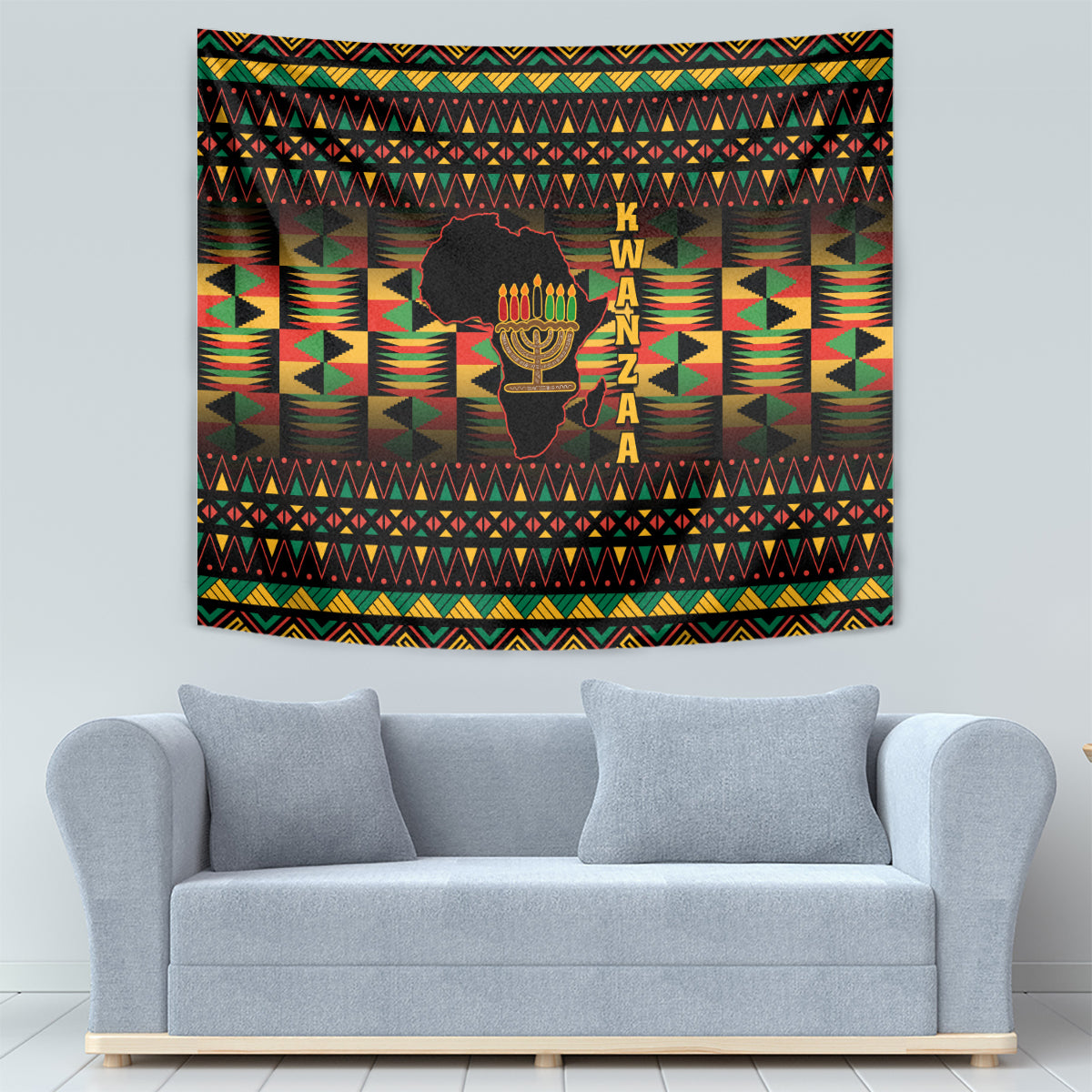 Kinara candle motif tapestry with K W A N Z A vertical lettering and striped geometric border