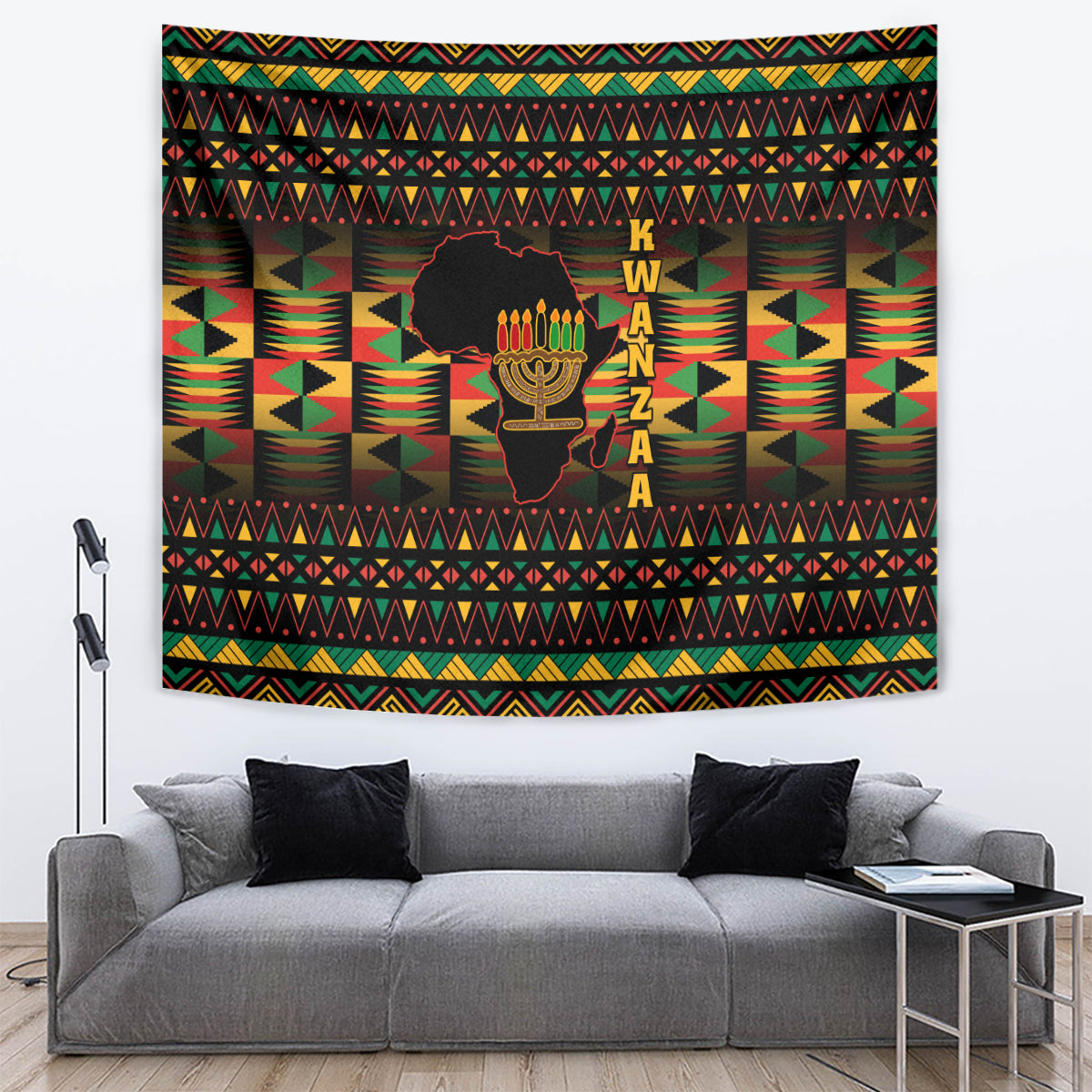 Kwanzaa tapestry with kinara candle silhouette, K W A N Z A lettering, and rainbow stripes