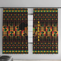 Kwanzaa-themed window curtains in black with colorful geometric pattern and kinara candles graphic.