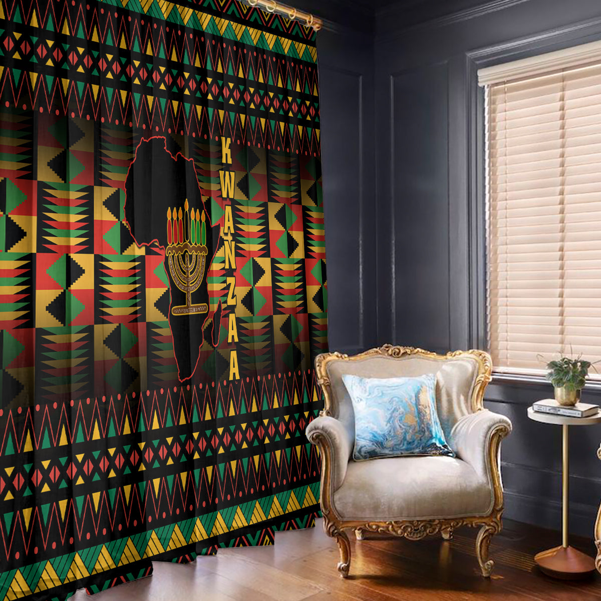 Kwanzaa window curtains with black base, bold African-style geometric pattern and vertical kinara art.
