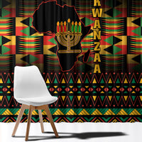 Kinara candle graphic on black Kwanzaa window curtain with multicolor geometric bands and letters.
