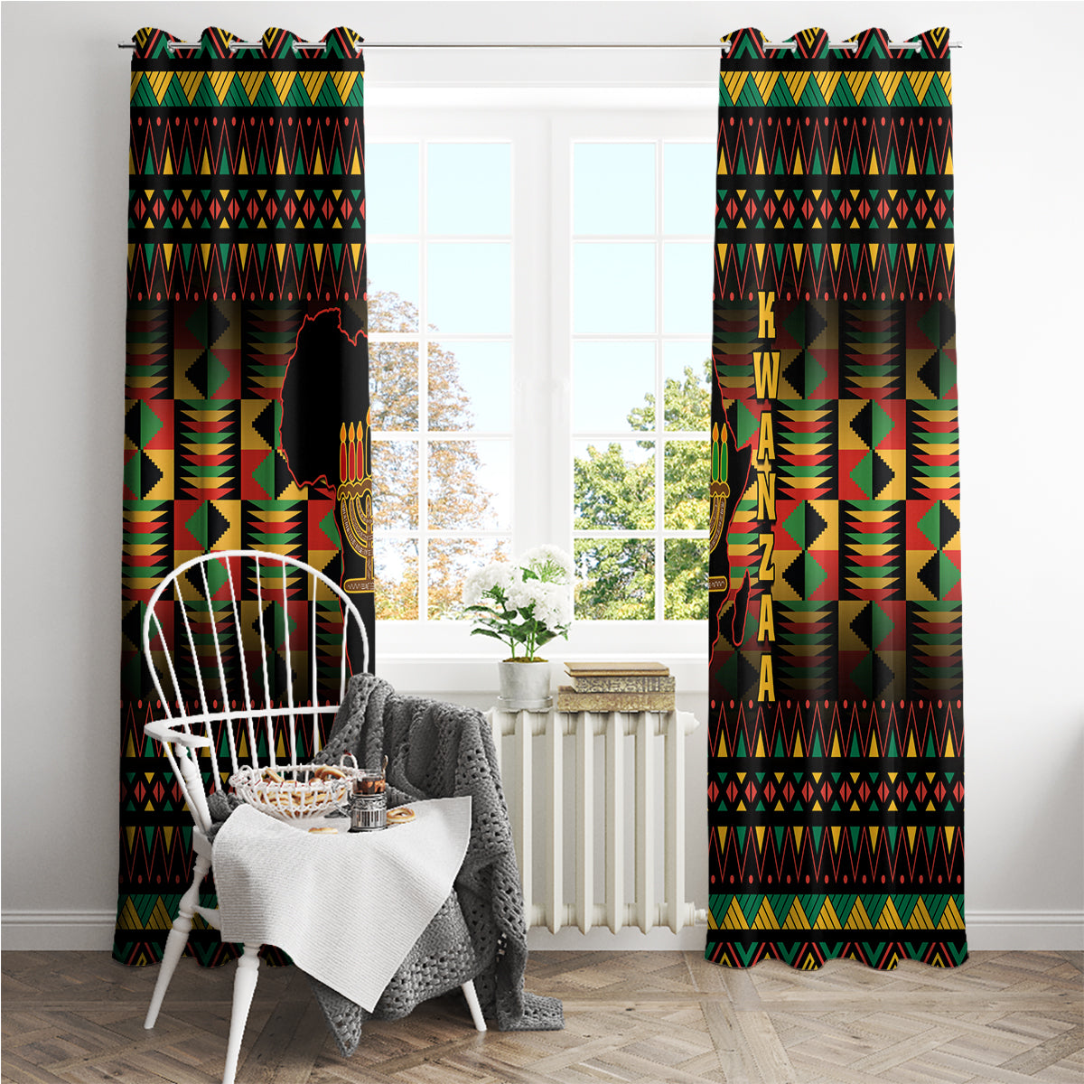 Kwanzaa-themed window curtains in black with geometric pattern border and kinara candle centerpiece.