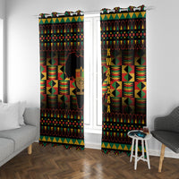 Kwanzaa window curtains, black with colorful African geometric design and vertical kinara candle emblem.