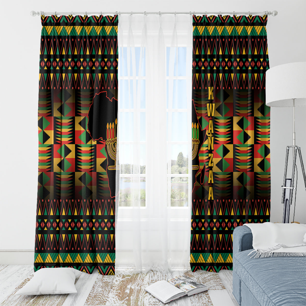 Black Kwanzaa window curtains with multicolor geometric pattern and kinara candle graphics above rod.