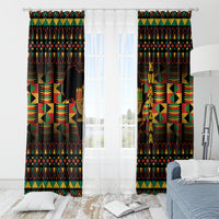 Black Kwanzaa window curtains with multicolor geometric pattern and kinara candle graphics above rod.