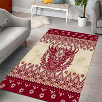 Red and cream Krampus Christmas area rug with large central beast face and border