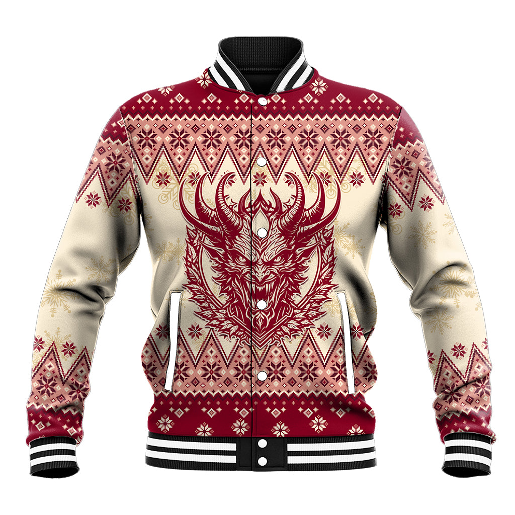 Red and cream varsity baseball jacket with horned Krampus graphic and fair isle trim