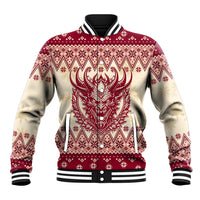 Red and cream varsity baseball jacket with horned Krampus graphic and fair isle trim