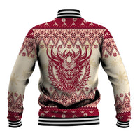 Back view red and cream baseball jacket with large horned Krampus head graphic