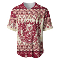 Red Krampus graphic baseball jersey with snowflake fair isle pattern