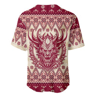Red Krampus graphic baseball jersey with festive diamond and snowflake pattern
