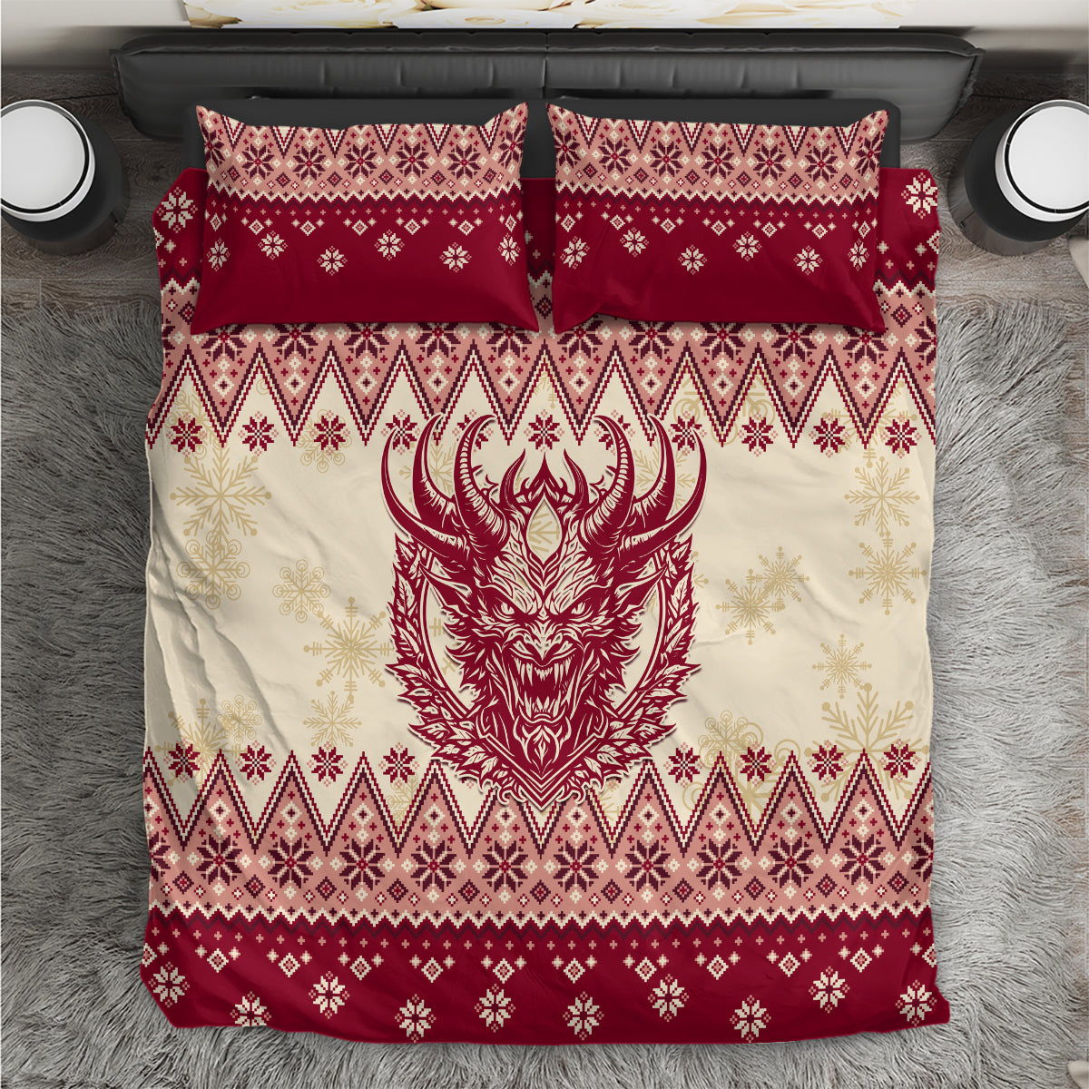 Red and cream Christmas bedding set with Krampus devil face and festive pattern