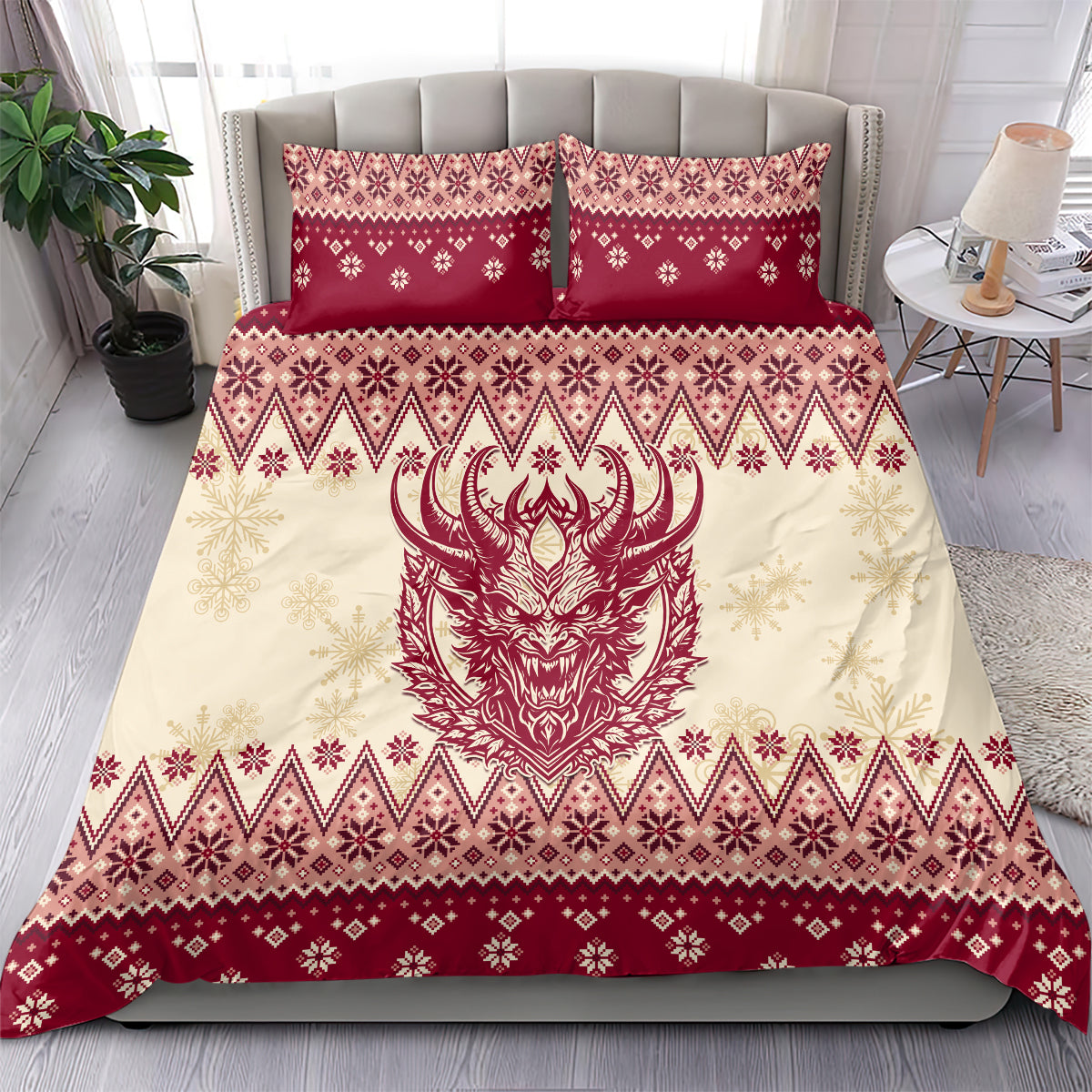 Red and cream bedding set with Krampus devil face center and matching patterned pillowcases