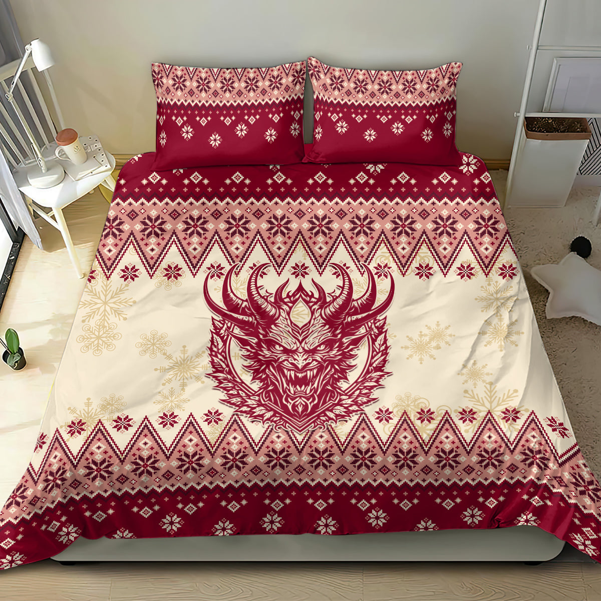 Red and cream Christmas bedding set featuring large Krampus devil face and snowflake patterns