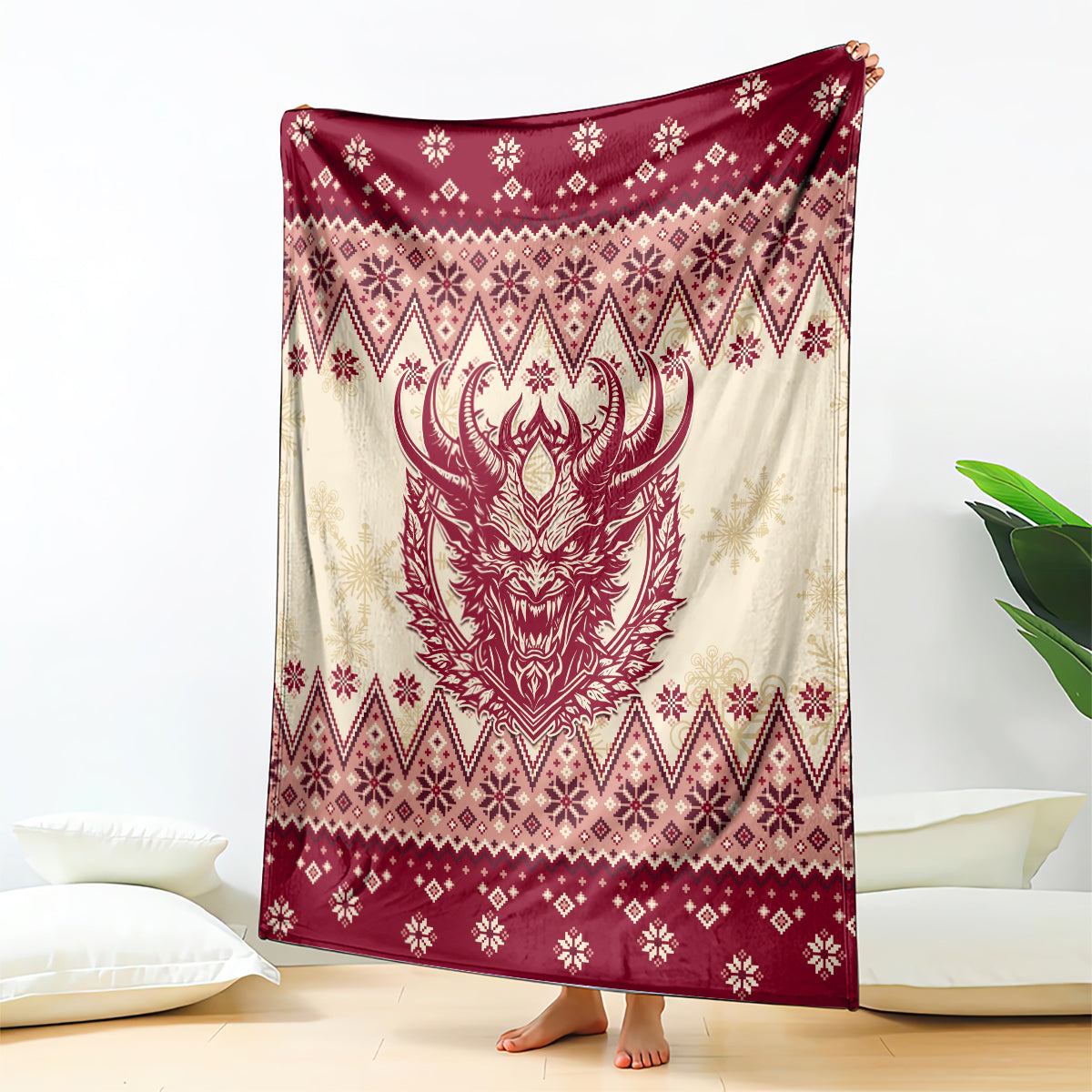 Red and cream Christmas blanket with large Krampus head and Nordic pattern