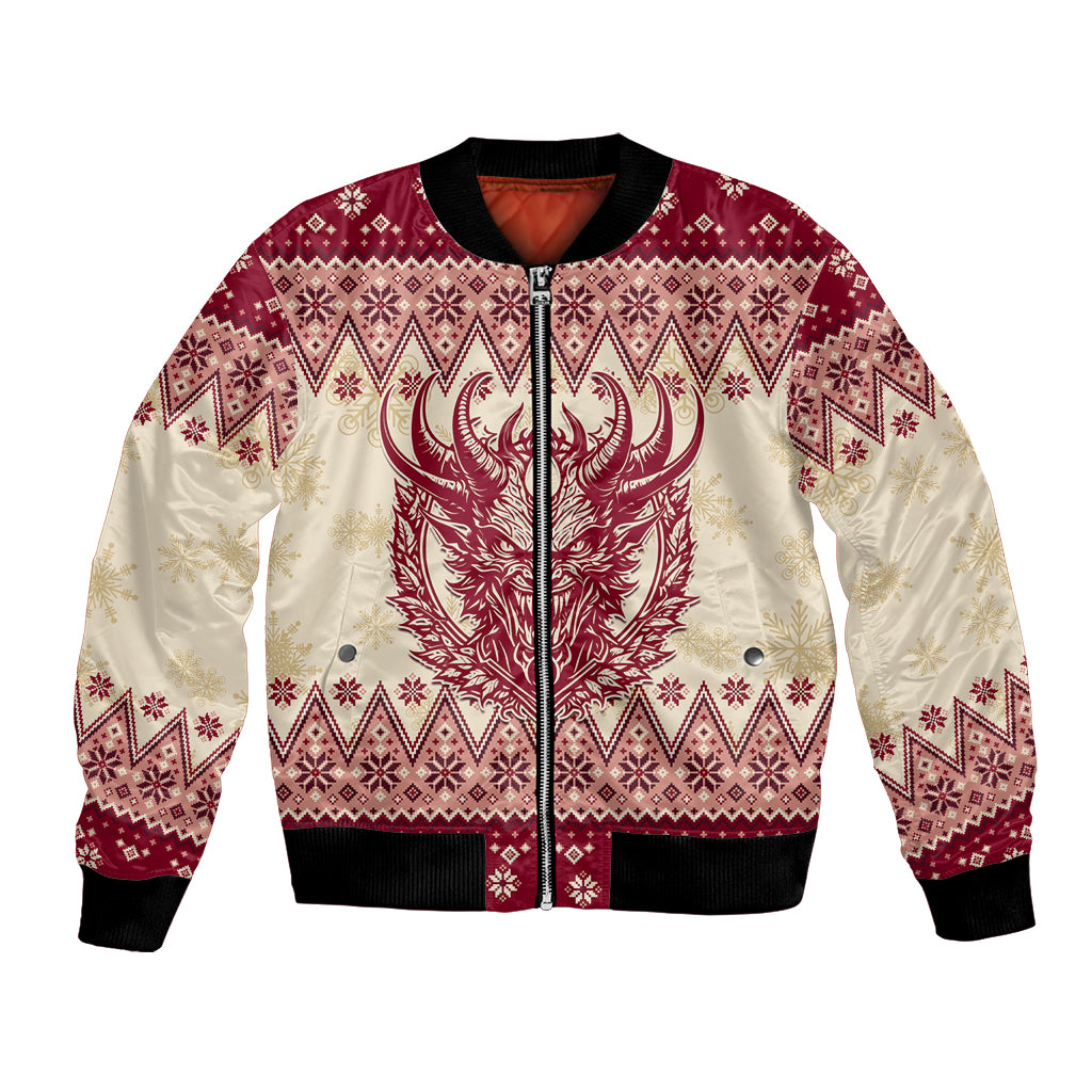 Unisex bomber jacket, red/cream festive graphic front, ribbed collar, cuffs, hem