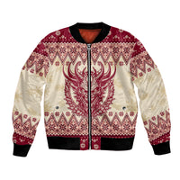 Unisex bomber jacket, red/cream festive graphic front, ribbed collar, cuffs, hem