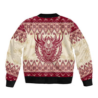 Unisex bomber jacket, red/cream festive graphic back, ribbed collar, cuffs, hem