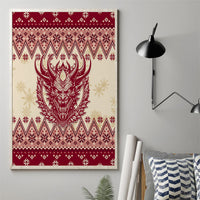 Framed canvas wall art with red Krampus face centered on cream and holiday motifs