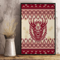 Framed canvas wall art of red Krampus portrait with Nordic border and snowflake details