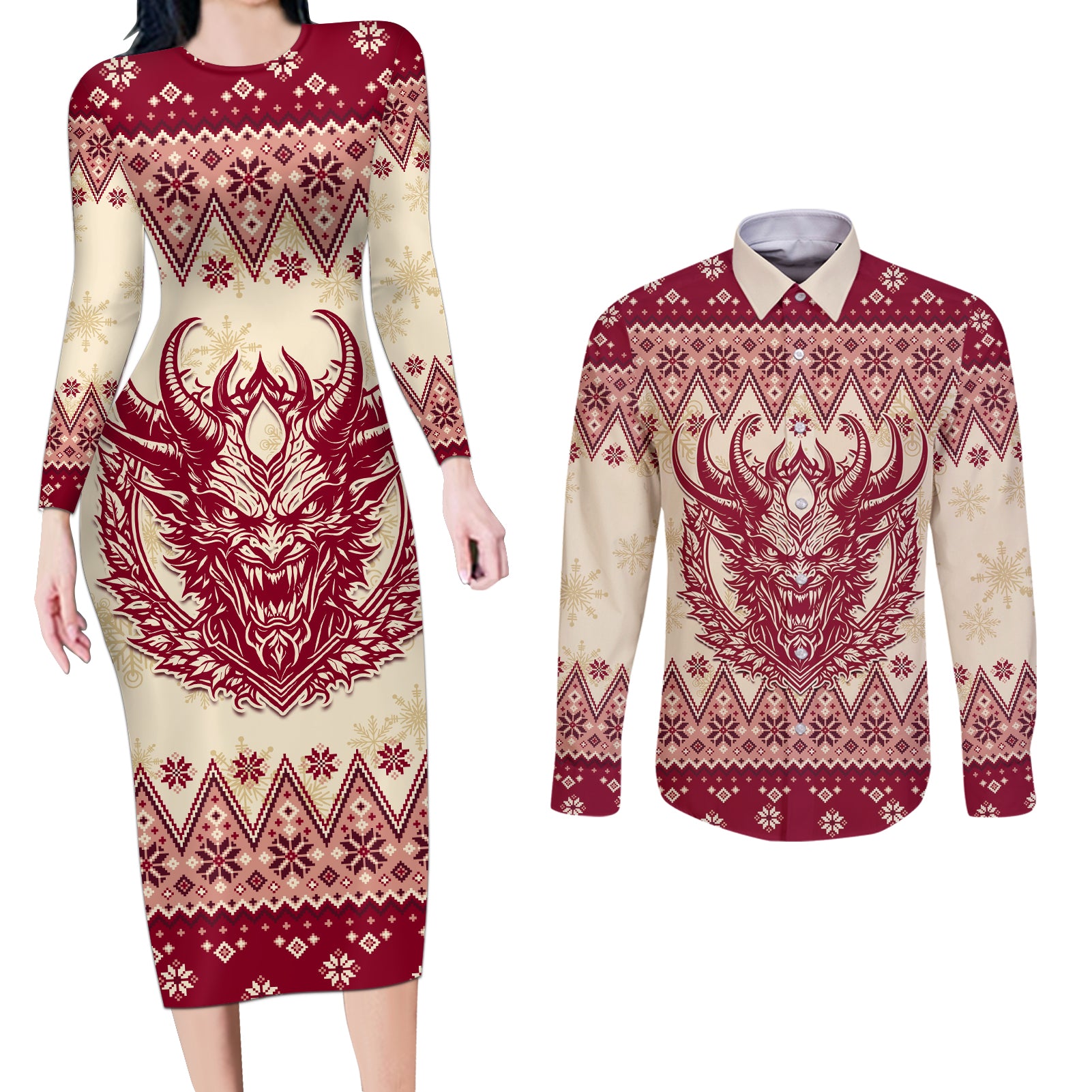 Austria Christmas Couples Matching Long Sleeve Bodycon Dress and Long Sleeve Button Shirt Krampus Xmas Pattern - Wonder Print Shop