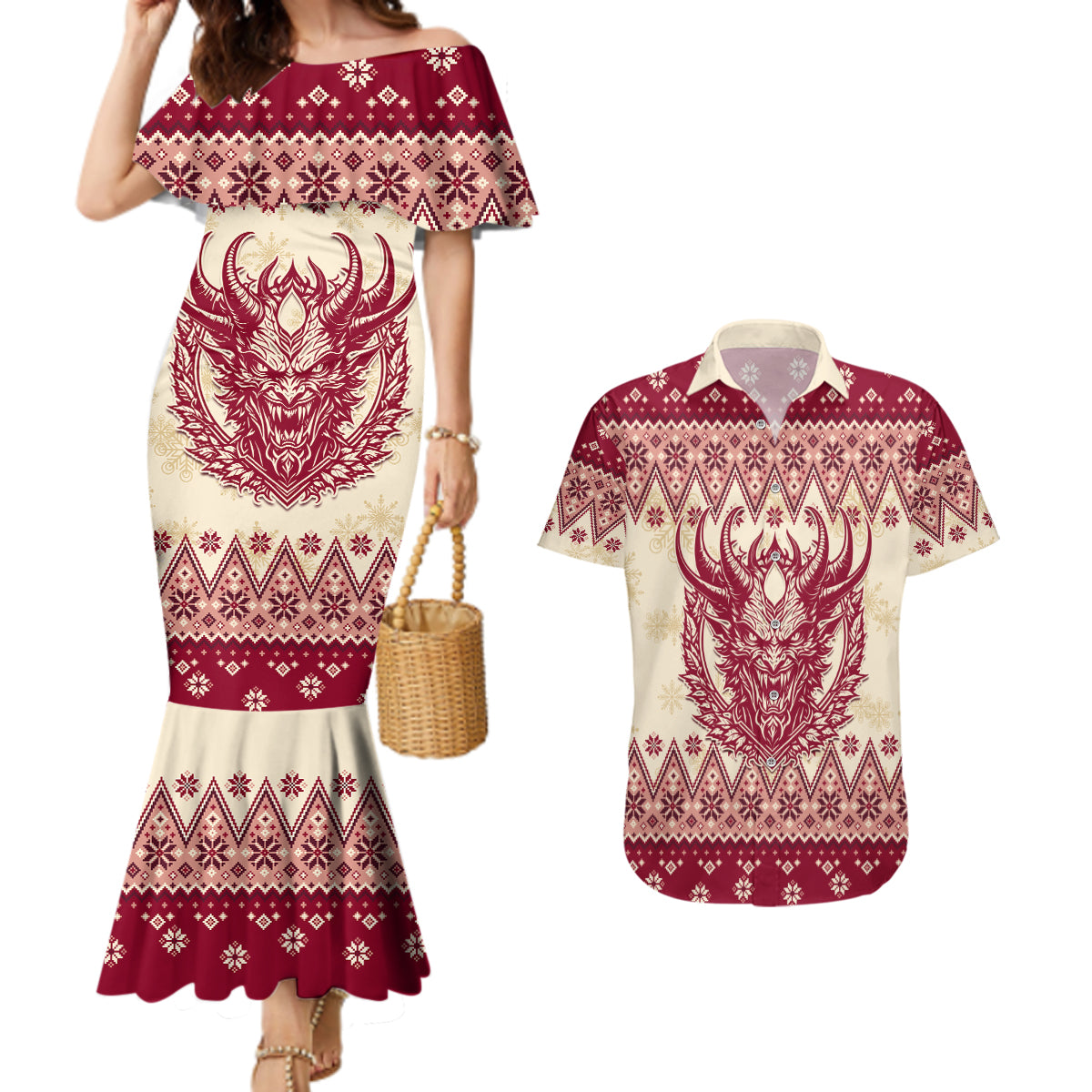 Austria Christmas Couples Matching Mermaid Dress and Hawaiian Shirt Krampus Xmas Pattern - Wonder Print Shop