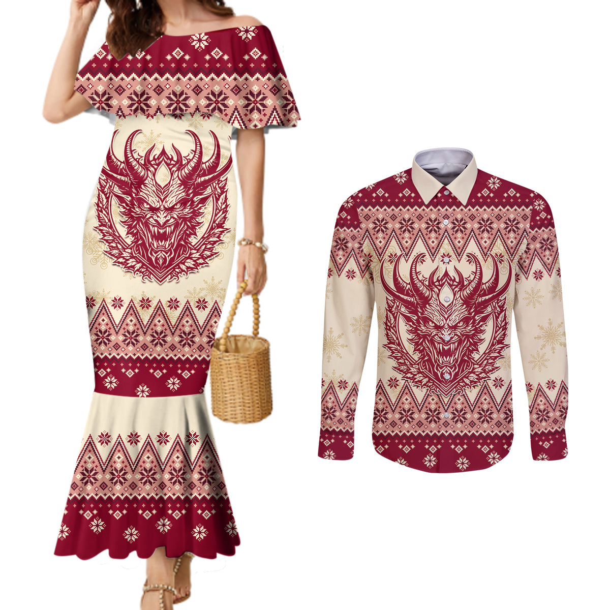 austria-christmas-couples-matching-mermaid-dress-and-long-sleeve-button-shirt-krampus-xmas-pattern