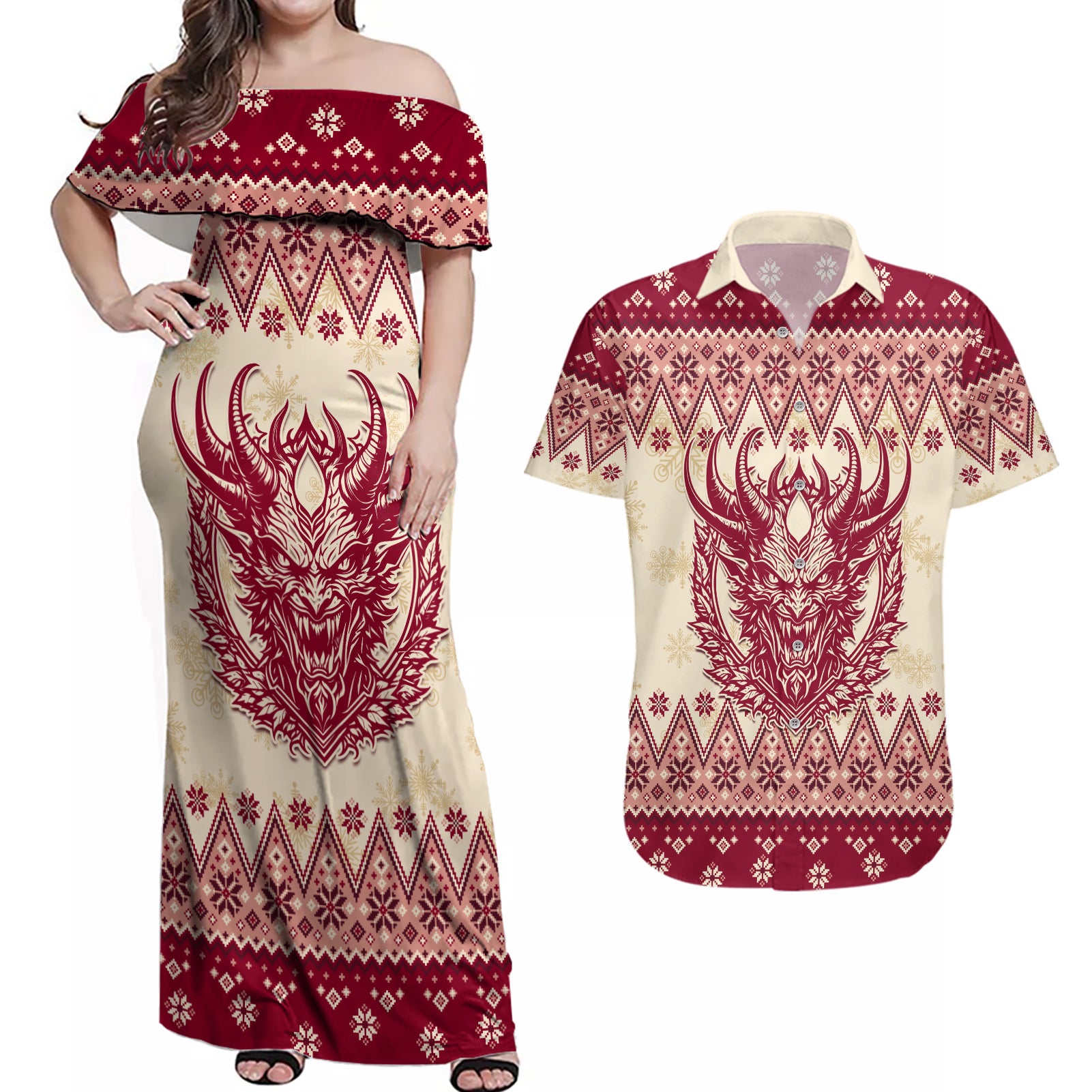 Austria Christmas Couples Matching Off Shoulder Maxi Dress and Hawaiian Shirt Krampus Xmas Pattern - Wonder Print Shop