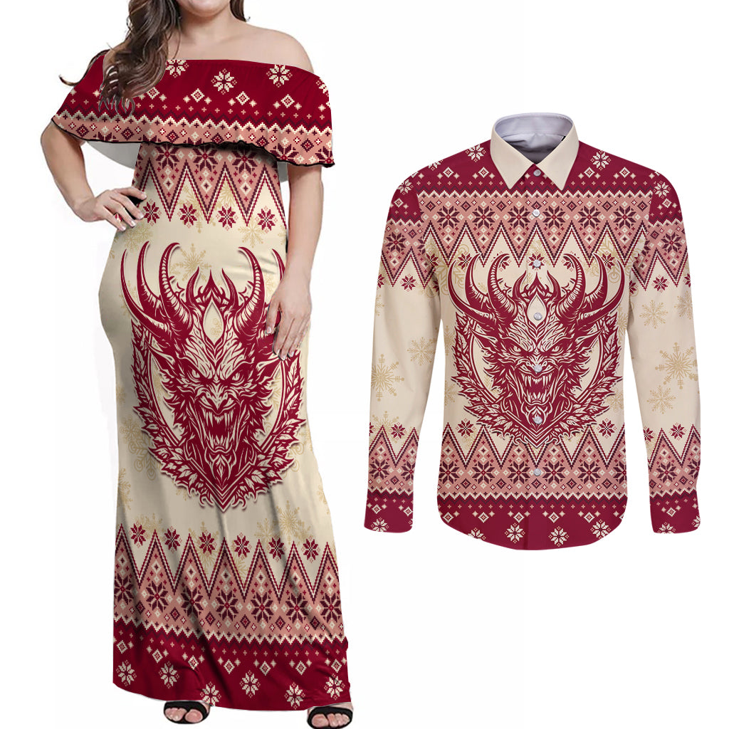 Austria Christmas Couples Matching Off Shoulder Maxi Dress and Long Sleeve Button Shirt Krampus Xmas Pattern - Wonder Print Shop