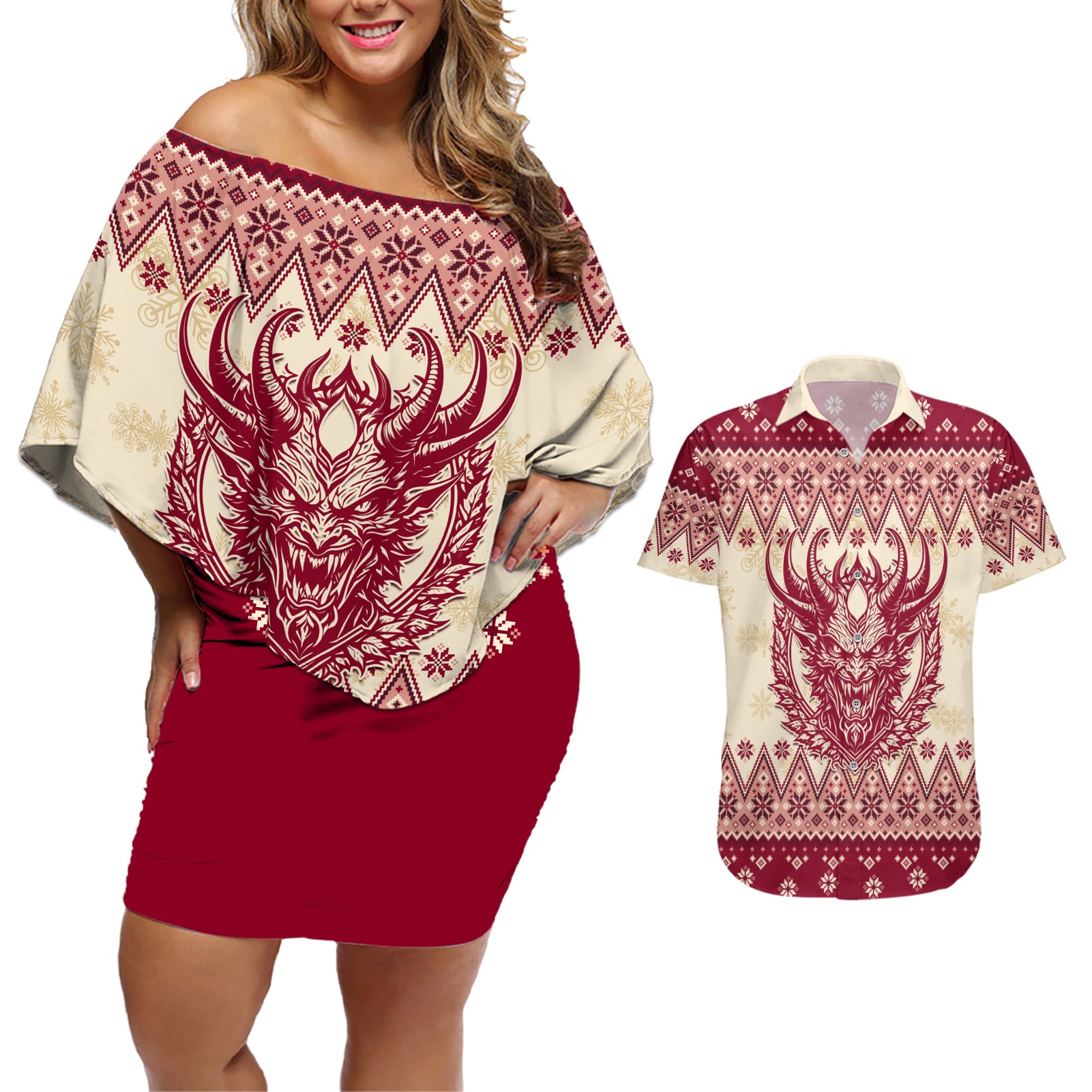 Austria Christmas Couples Matching Off Shoulder Short Dress and Hawaiian Shirt Krampus Xmas Pattern - Wonder Print Shop