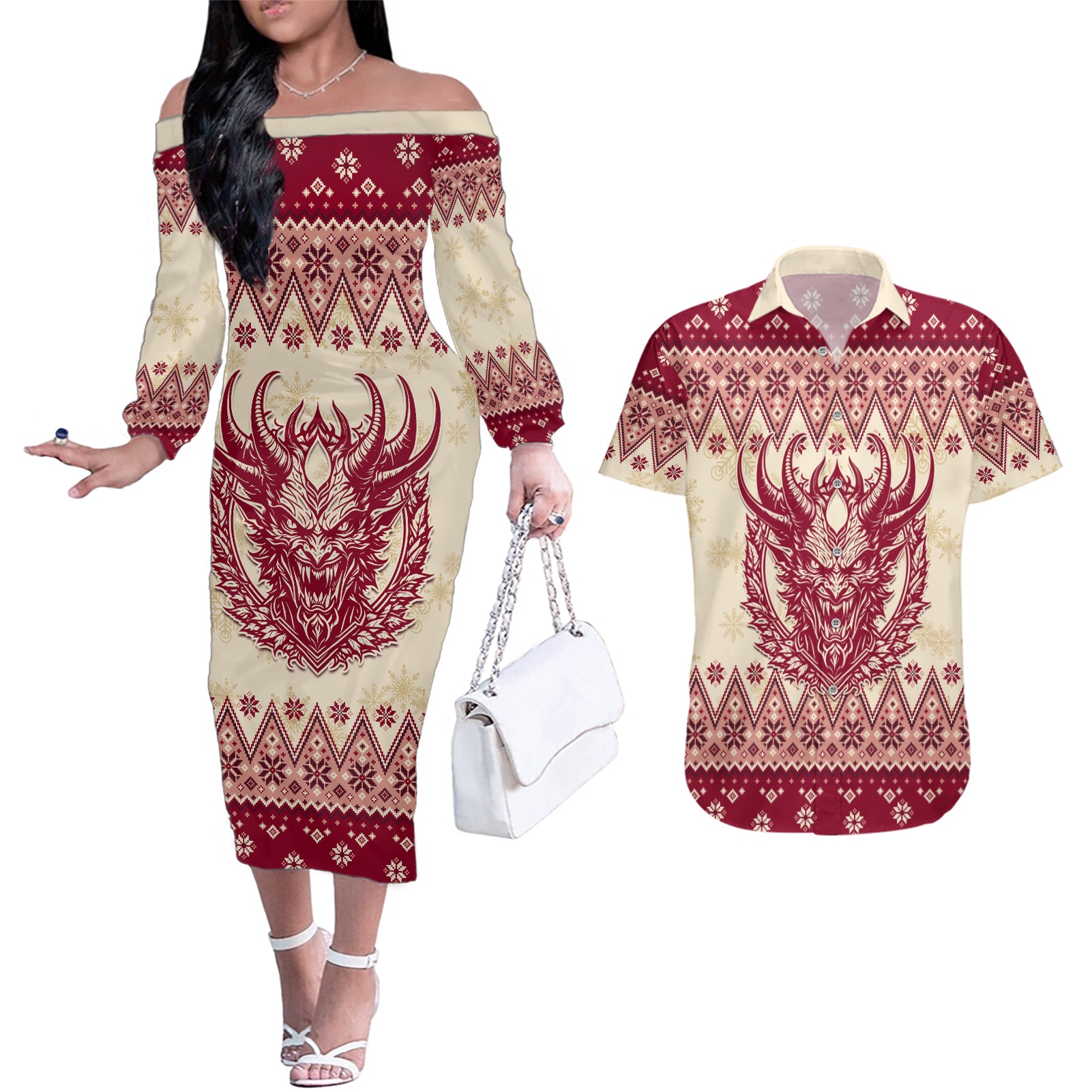 Austria Christmas Couples Matching Off The Shoulder Long Sleeve Dress and Hawaiian Shirt Krampus Xmas Pattern - Wonder Print Shop