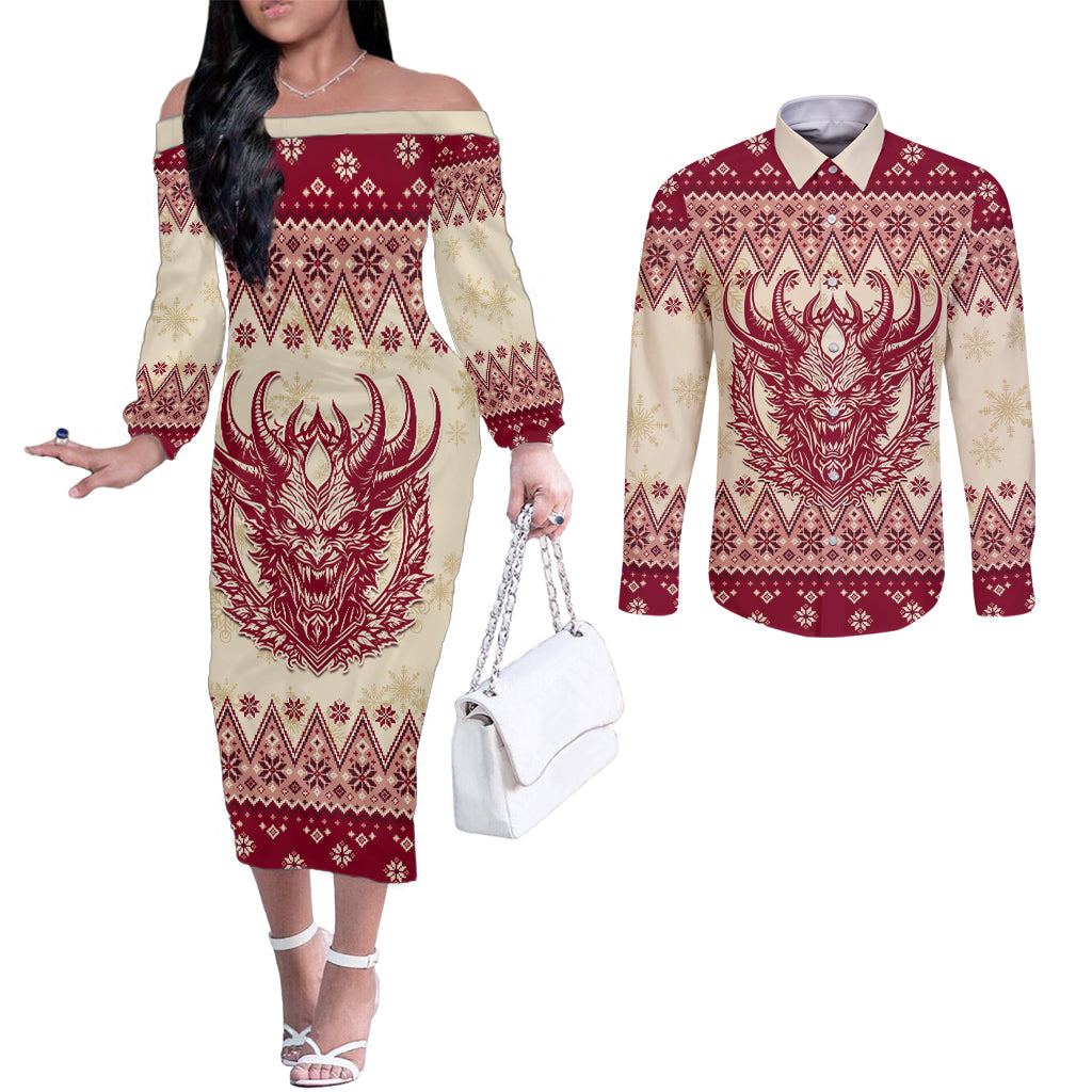 austria-christmas-couples-matching-off-the-shoulder-long-sleeve-dress-and-long-sleeve-button-shirt-krampus-xmas-pattern