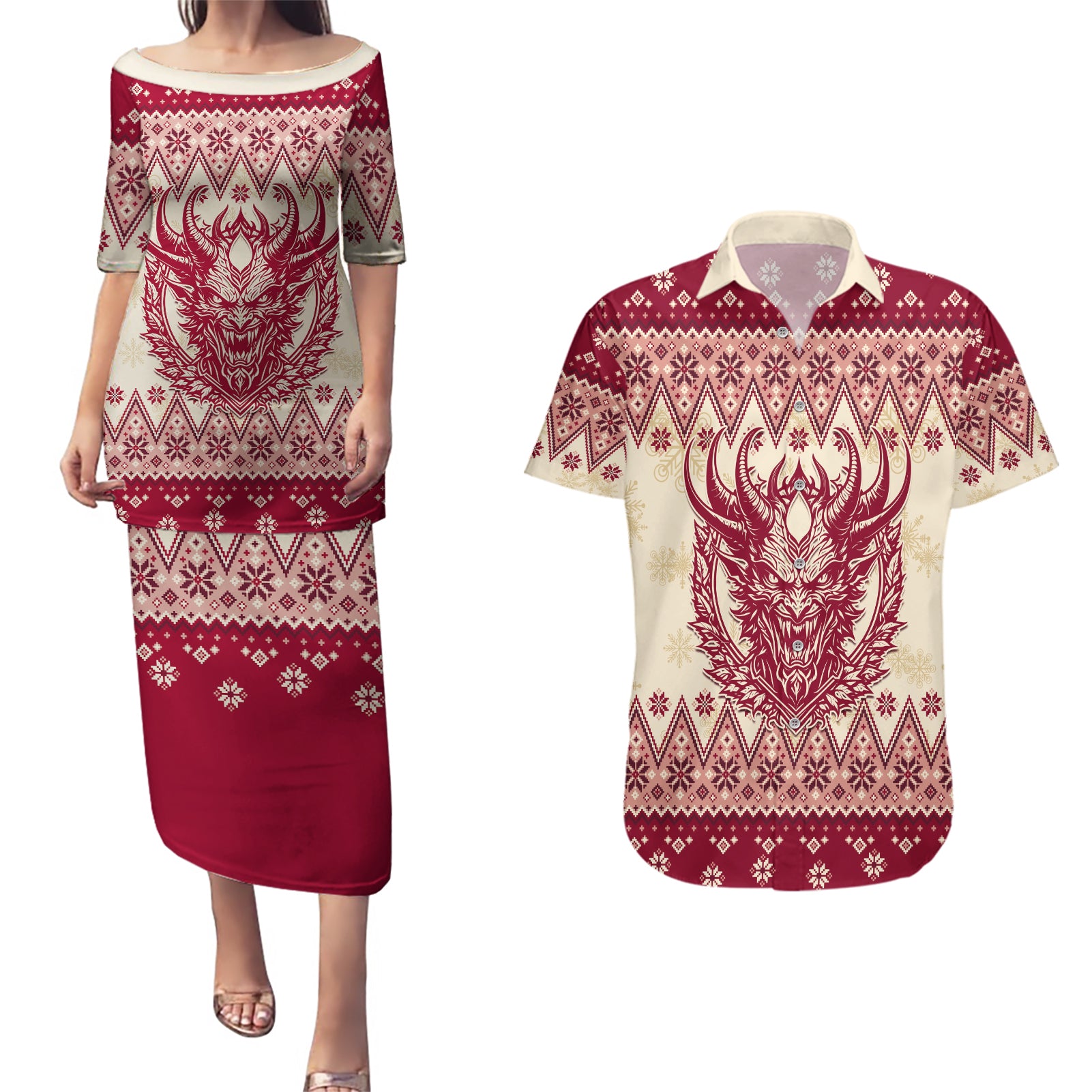 Austria Christmas Couples Matching Puletasi Dress and Hawaiian Shirt Krampus Xmas Pattern - Wonder Print Shop