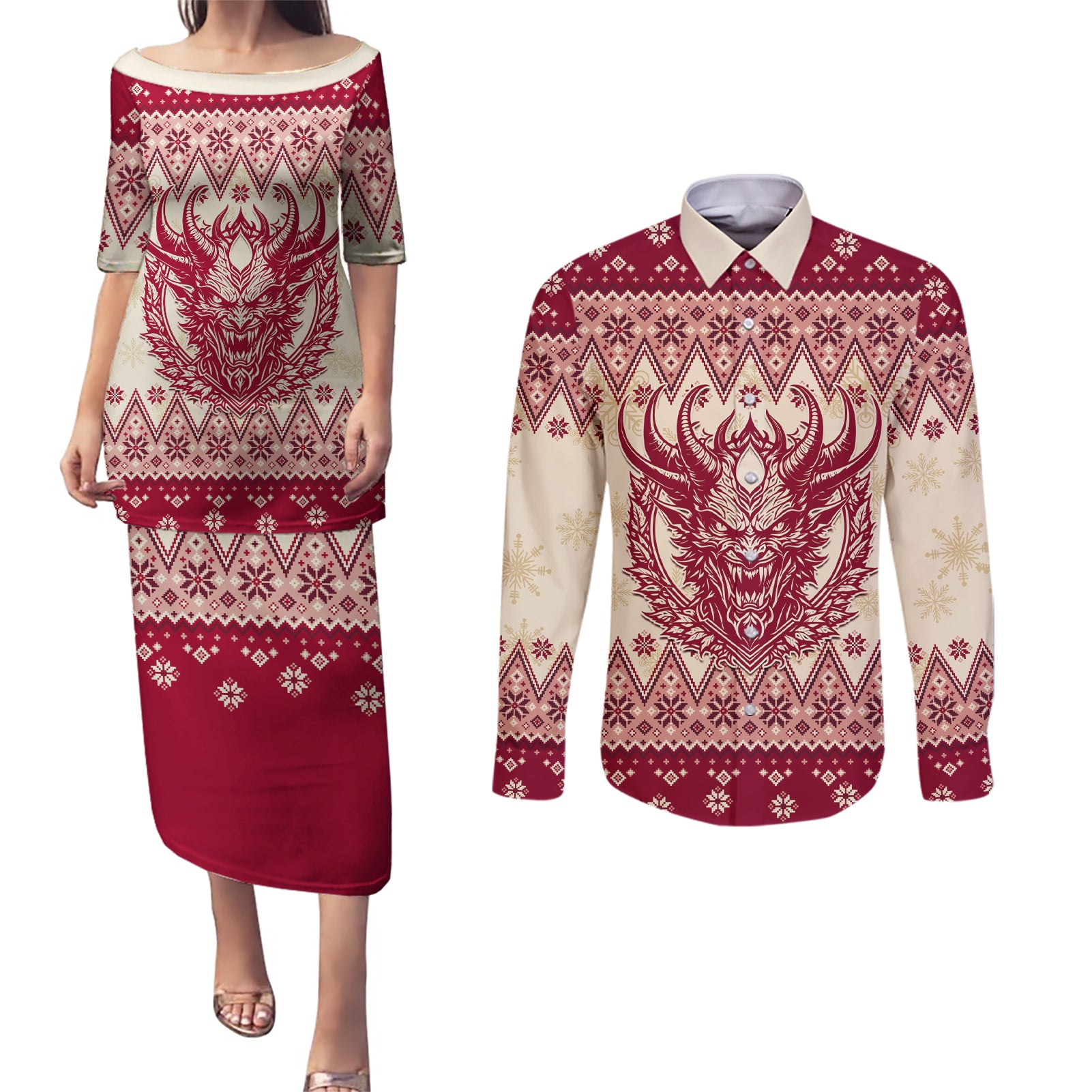 Austria Christmas Couples Matching Puletasi Dress and Long Sleeve Button Shirt Krampus Xmas Pattern - Wonder Print Shop