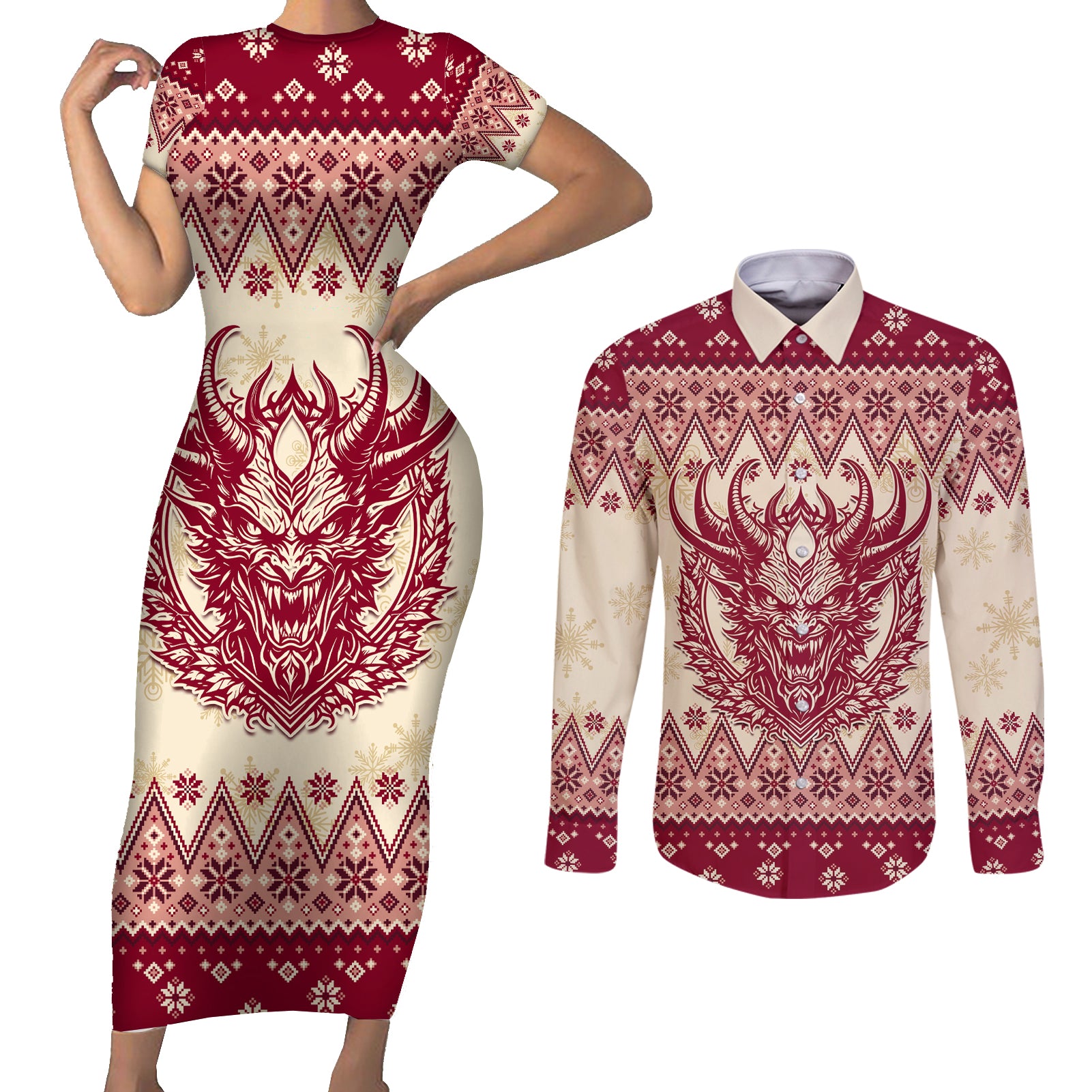 Austria Christmas Couples Matching Short Sleeve Bodycon Dress and Long Sleeve Button Shirt Krampus Xmas Pattern - Wonder Print Shop