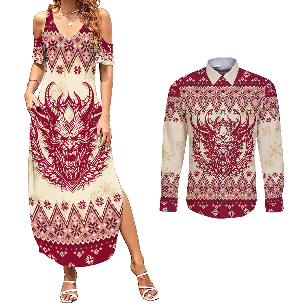 Austria Christmas Couples Matching Summer Maxi Dress and Long Sleeve Button Shirt Krampus Xmas Pattern - Wonder Print Shop