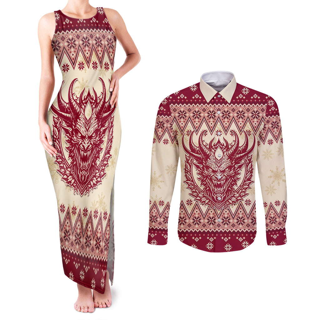 Austria Christmas Couples Matching Tank Maxi Dress and Long Sleeve Button Shirt Krampus Xmas Pattern - Wonder Print Shop