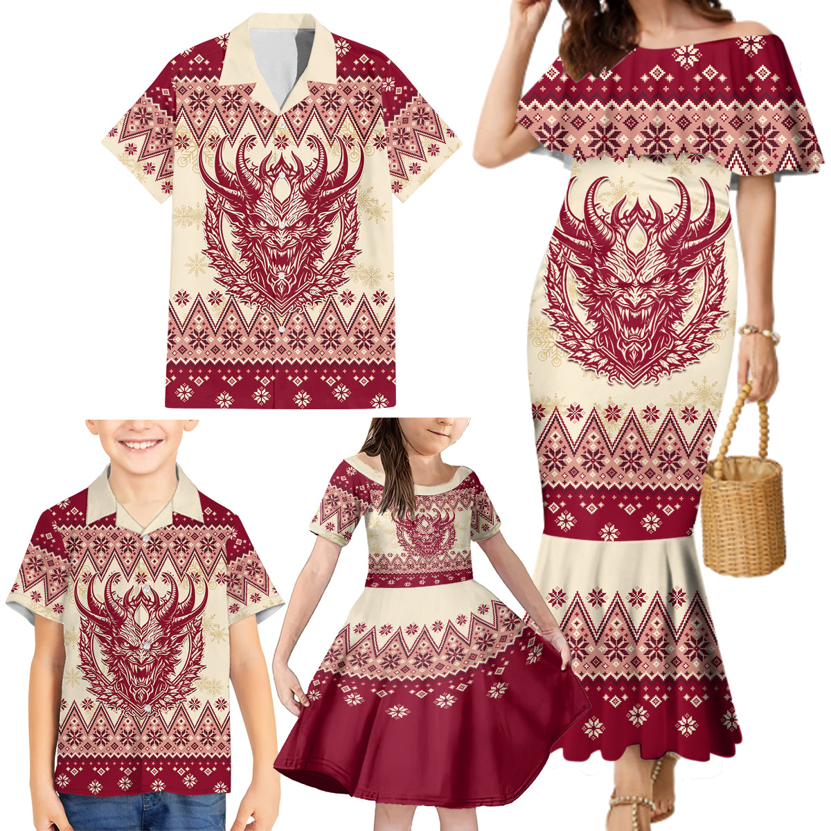 Austria Christmas Family Matching Mermaid Dress and Hawaiian Shirt Krampus Xmas Pattern - Wonder Print Shop