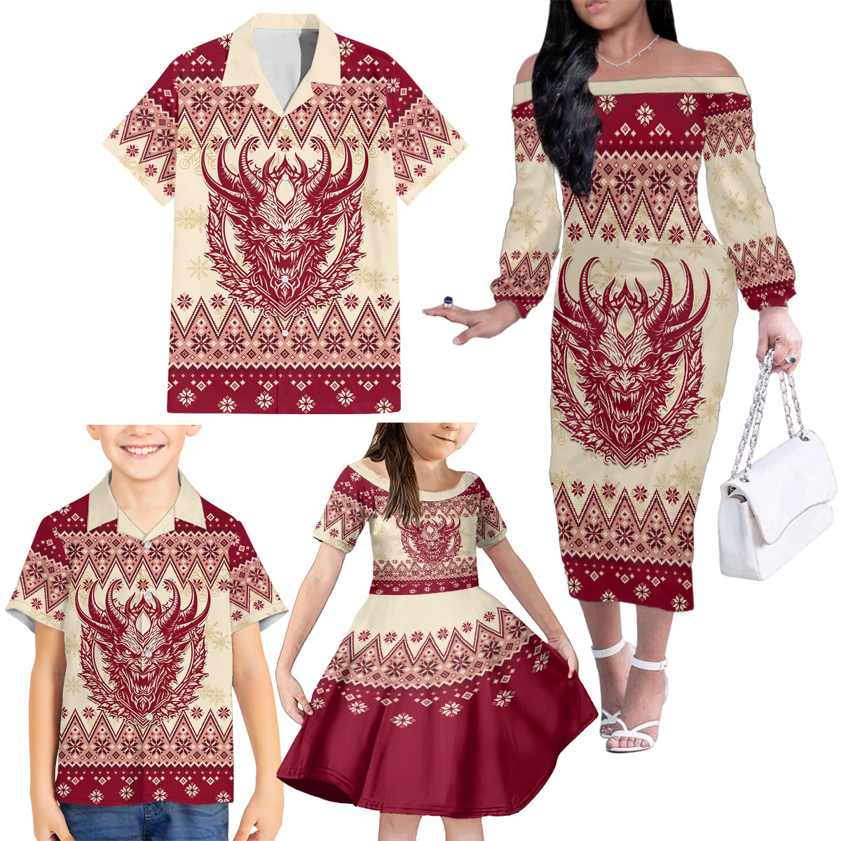 Austria Christmas Family Matching Off Shoulder Long Sleeve Dress and Hawaiian Shirt Krampus Xmas Pattern - Wonder Print Shop