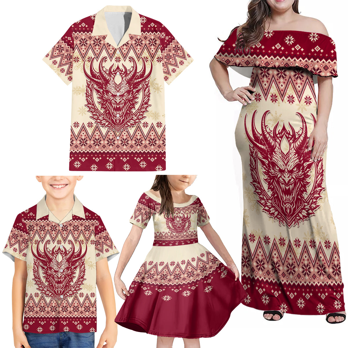 Austria Christmas Family Matching Off Shoulder Maxi Dress and Hawaiian Shirt Krampus Xmas Pattern - Wonder Print Shop