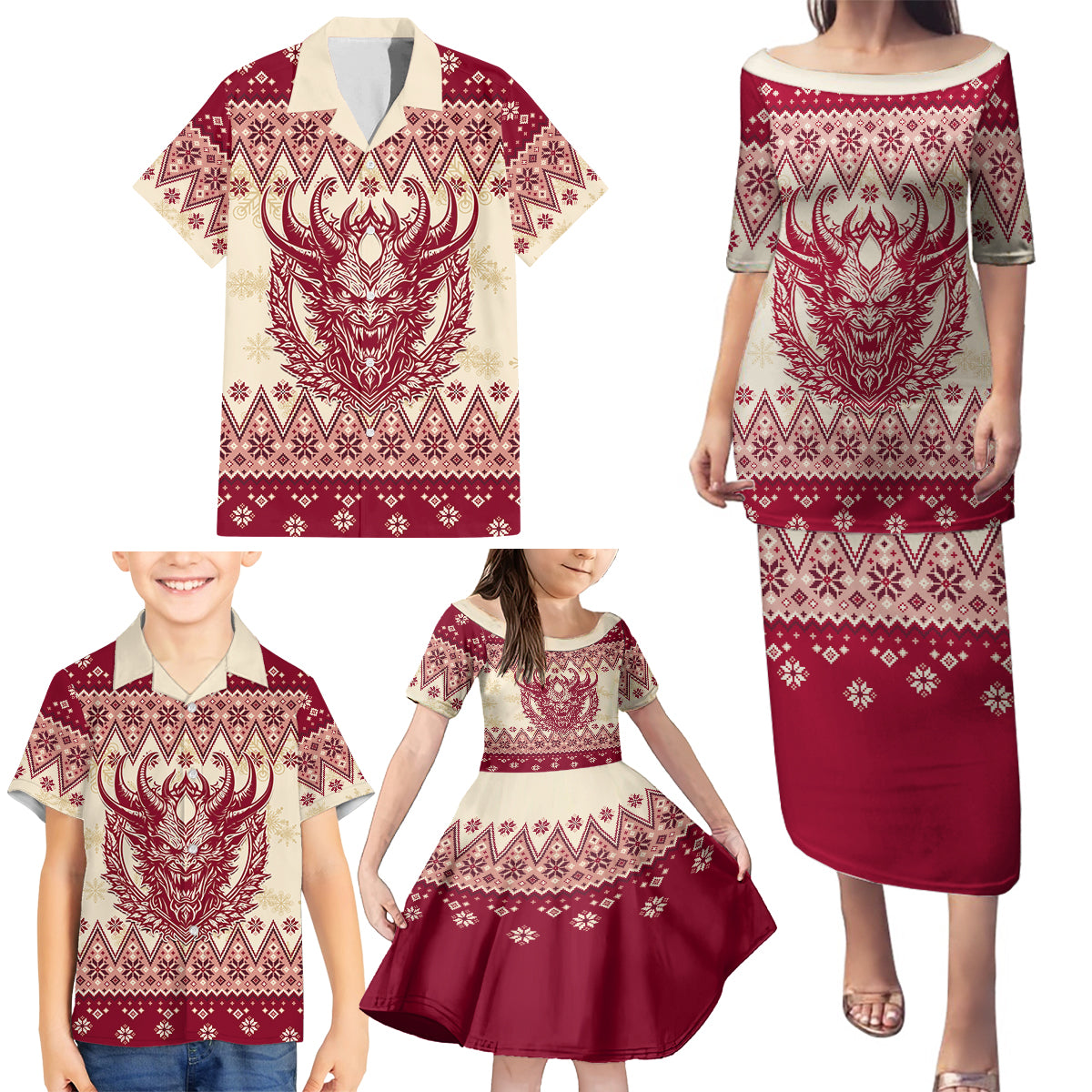 Austria Christmas Family Matching Puletasi Dress and Hawaiian Shirt Krampus Xmas Pattern - Wonder Print Shop