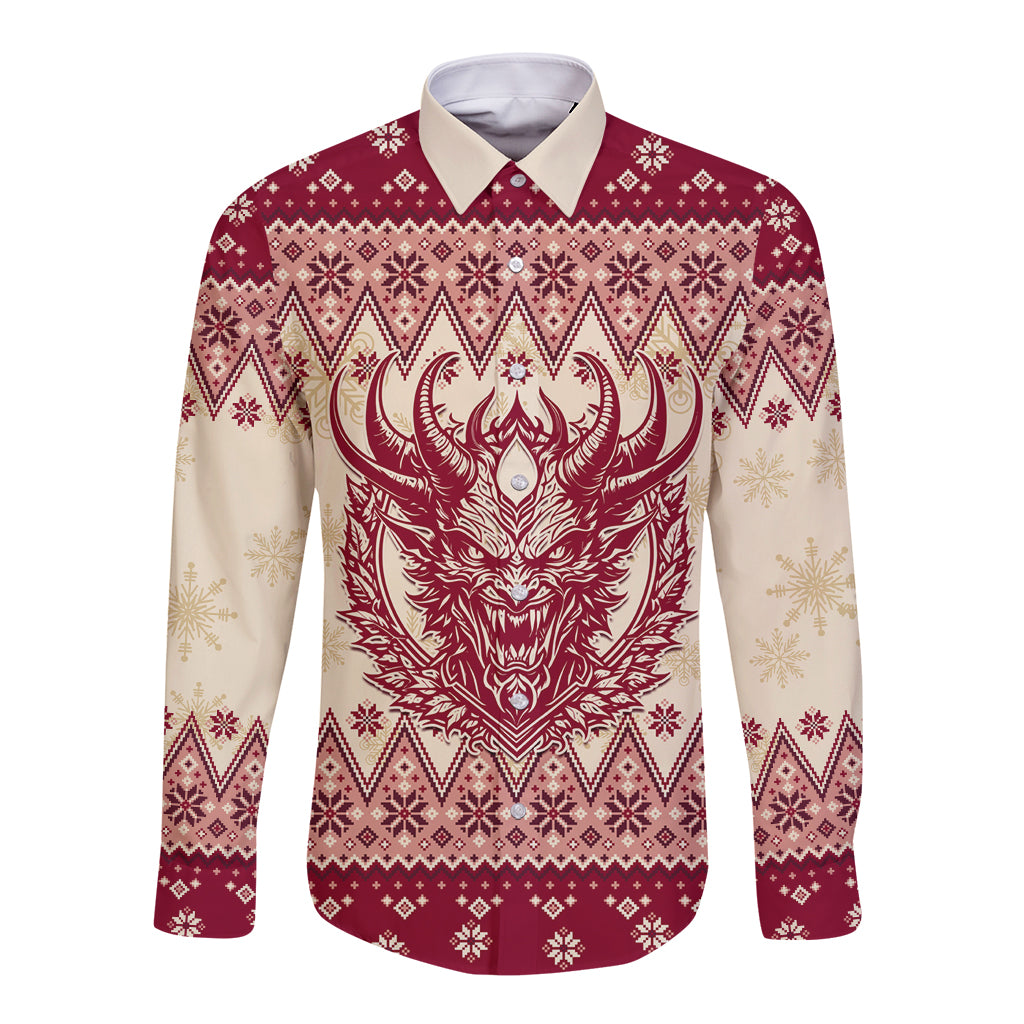 Red long-sleeve button shirt with Krampus monster graphic and festive knit pattern