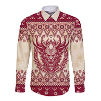 Red long-sleeve button shirt with Krampus monster graphic and festive knit pattern