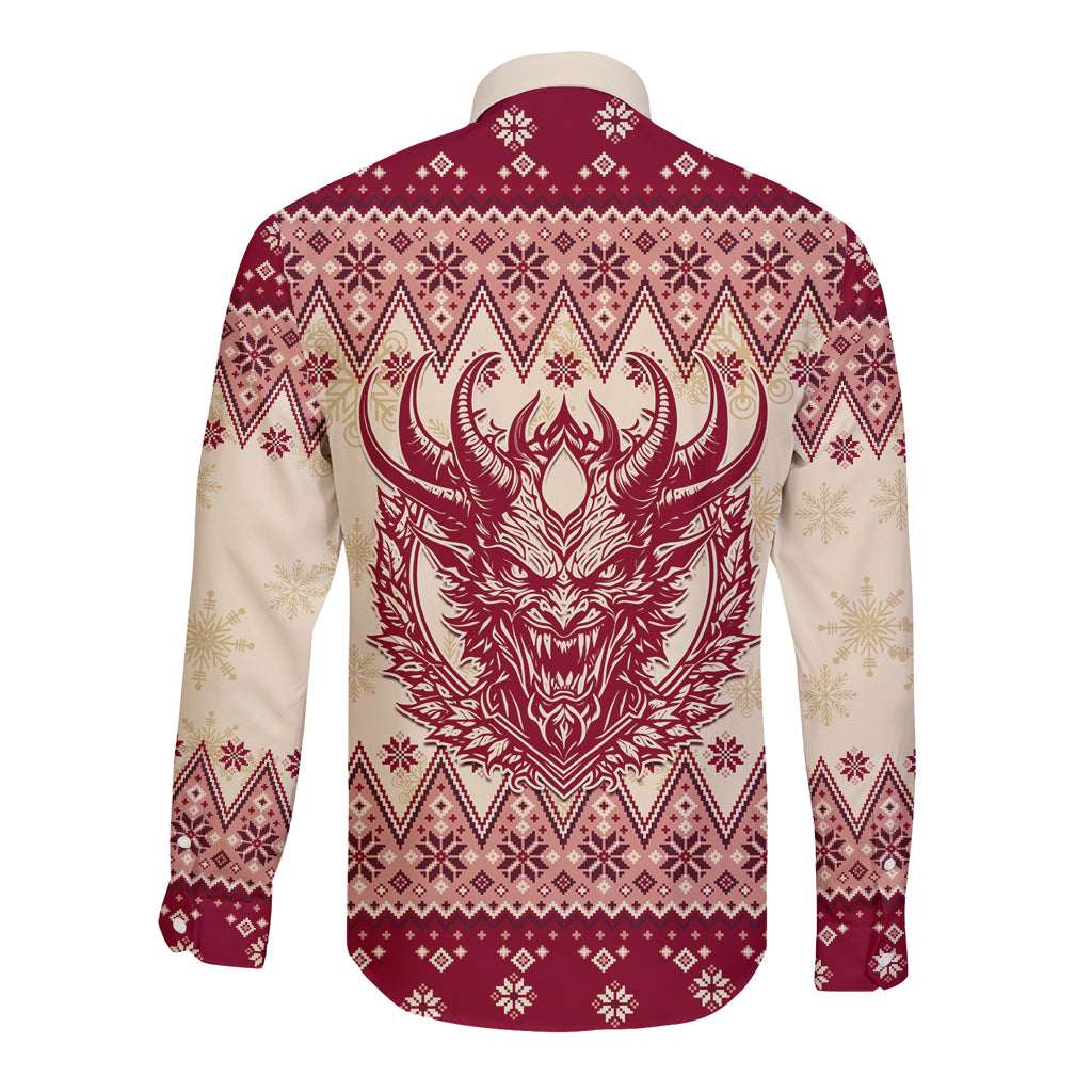 Red long-sleeve button shirt, back view, Krampus monster graphic in sweater pattern