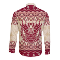 Red long-sleeve button shirt, back view, Krampus monster graphic in sweater pattern