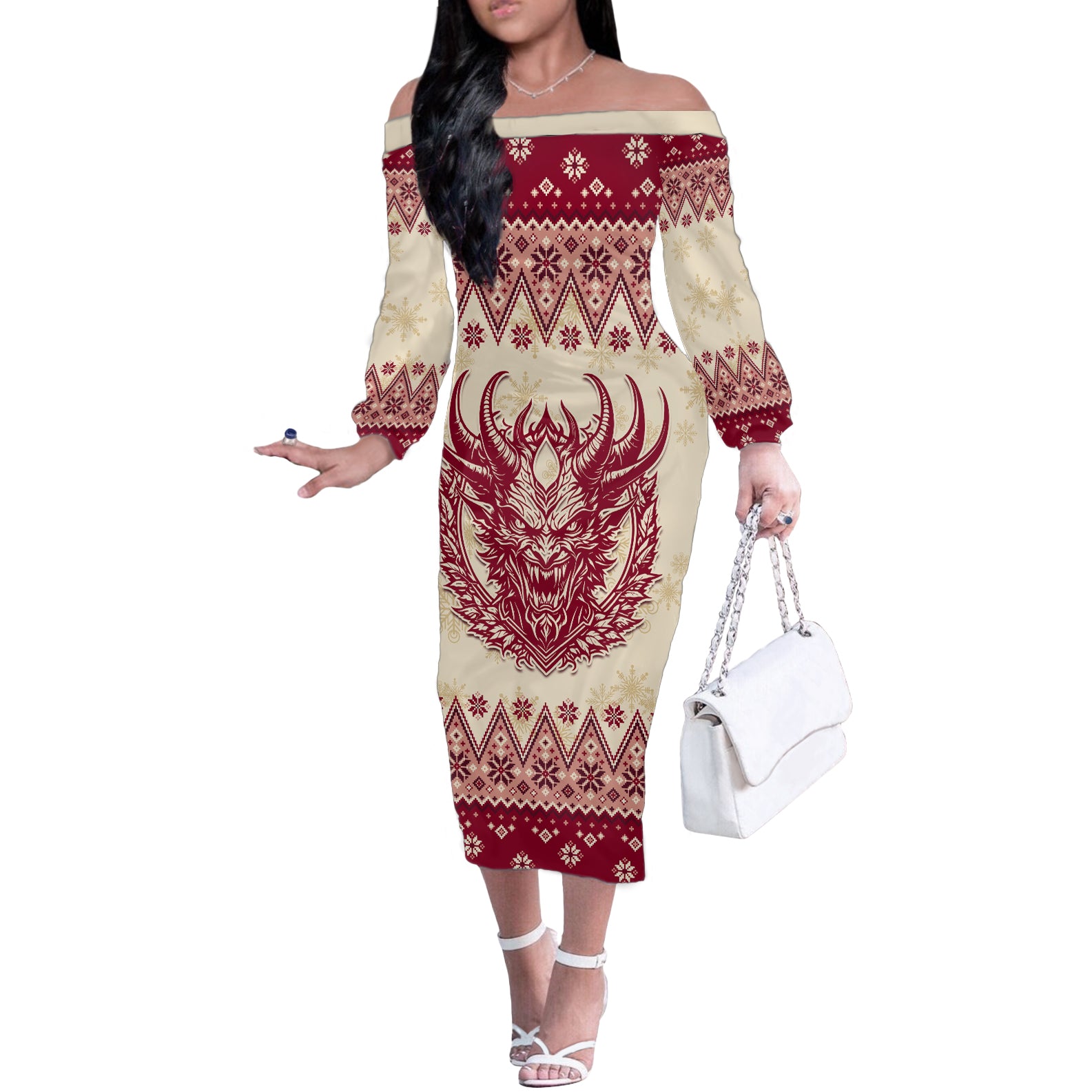 Austria Christmas Off The Shoulder Long Sleeve Dress Krampus Xmas Pattern - Wonder Print Shop