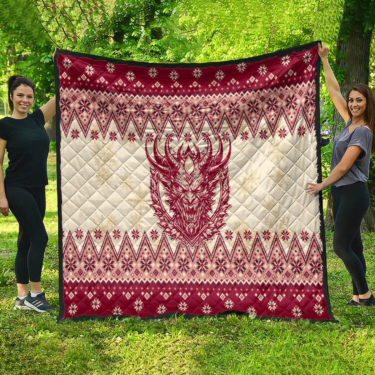 Large red and cream quilt with centered Krampus face and festive diamond border pattern.