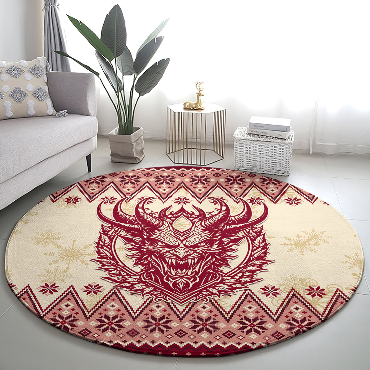 Round area rug with red Krampus horned face on cream base and snowflake geometric border