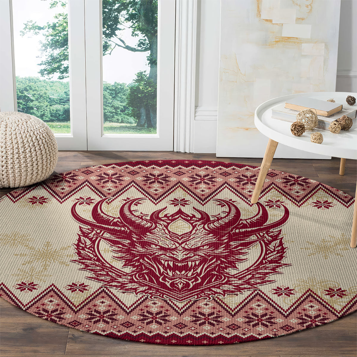 Round area rug showing a red Krampus horned face on cream background with geometric border