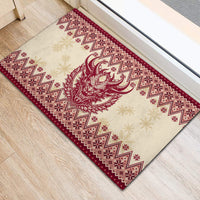 Red rubber doormat featuring Krampus head, snowflakes, and patterned trim
